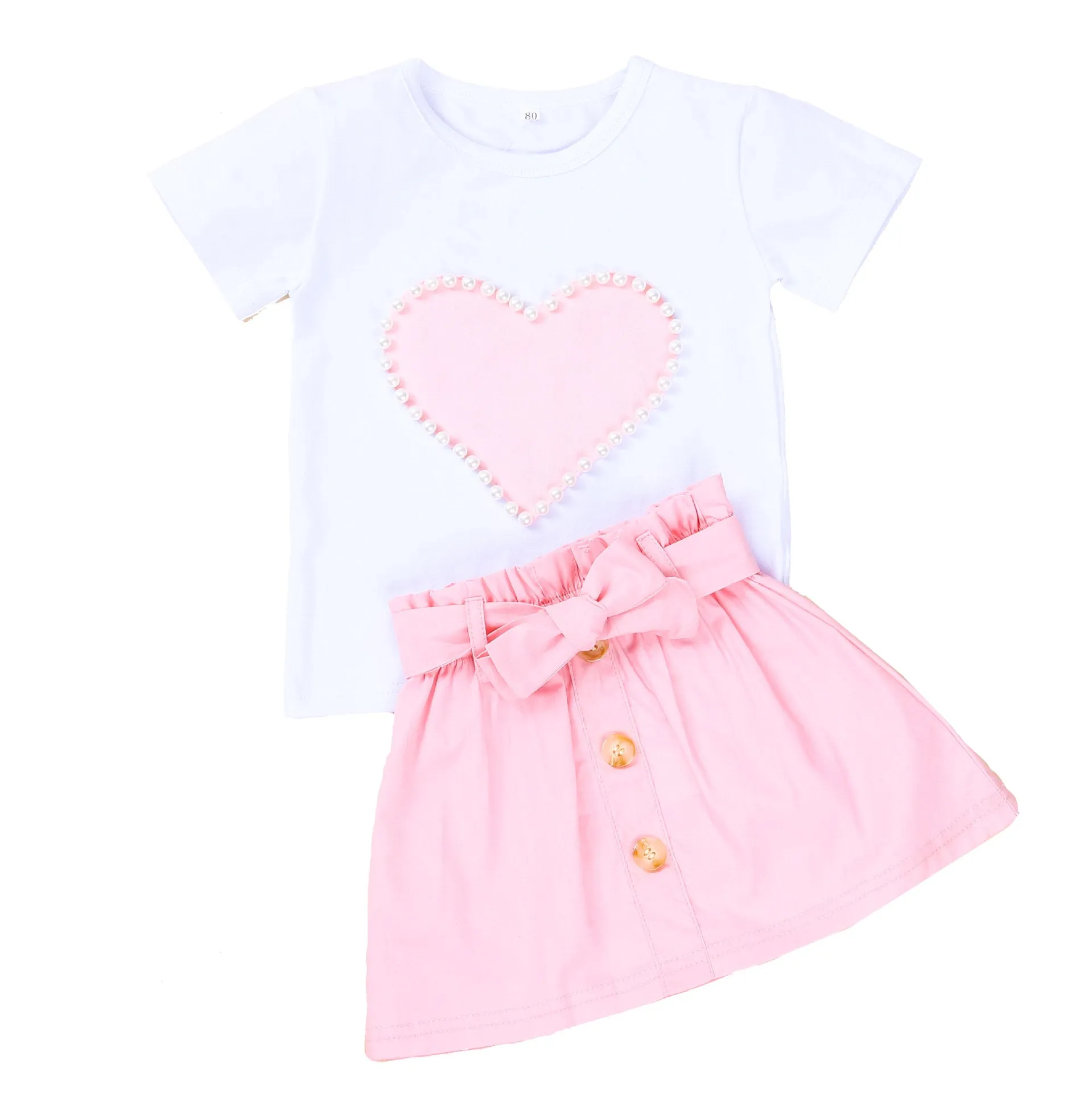 European And American Summer Children's Clothing New Girl Pearl Love White Short Sleeve   bow Skirt Baby Skirt Set