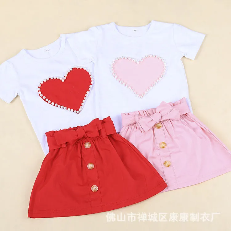European And American Summer Children's Clothing New Girl Pearl Love White Short Sleeve   bow Skirt Baby Skirt Set