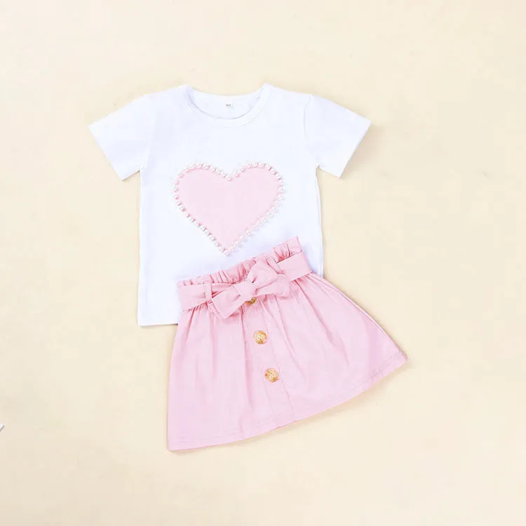 European And American Summer Children's Clothing New Girl Pearl Love White Short Sleeve   bow Skirt Baby Skirt Set