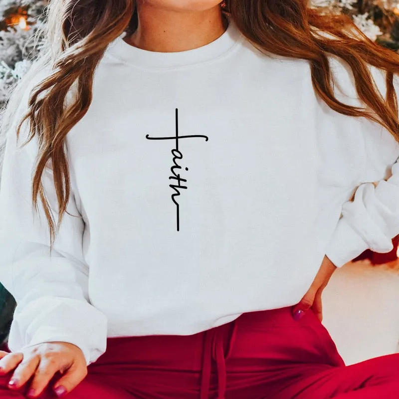 FAITH CROSS FASHION CREWNECK SWEATSHIRT WOMEN RELIGIOUS MOTIVATIONAL CLOTHES LADIES LONG SLEEVE WINTER HOODIES HARAJUKU TOPS
