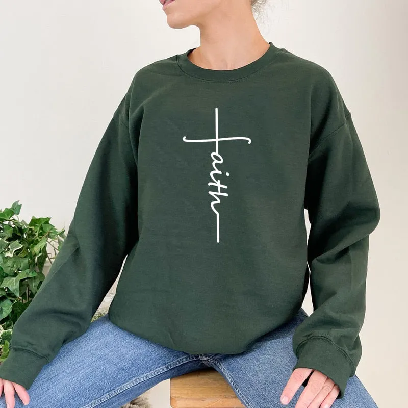 FAITH CROSS FASHION CREWNECK SWEATSHIRT WOMEN RELIGIOUS MOTIVATIONAL CLOTHES LADIES LONG SLEEVE WINTER HOODIES HARAJUKU TOPS