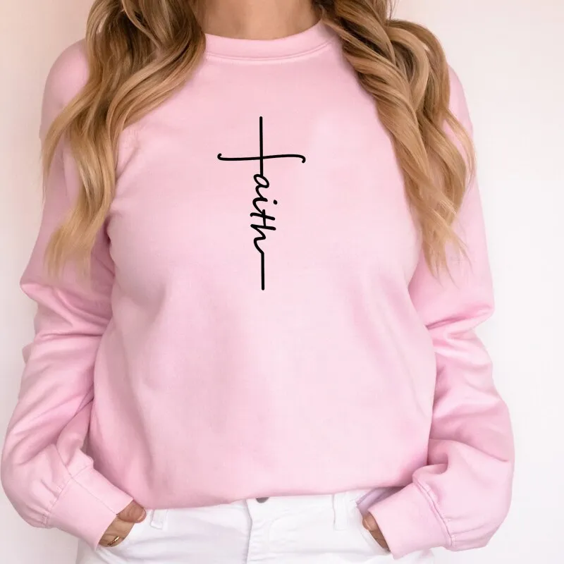 FAITH CROSS FASHION CREWNECK SWEATSHIRT WOMEN RELIGIOUS MOTIVATIONAL CLOTHES LADIES LONG SLEEVE WINTER HOODIES HARAJUKU TOPS