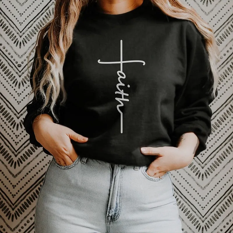 FAITH CROSS FASHION CREWNECK SWEATSHIRT WOMEN RELIGIOUS MOTIVATIONAL CLOTHES LADIES LONG SLEEVE WINTER HOODIES HARAJUKU TOPS