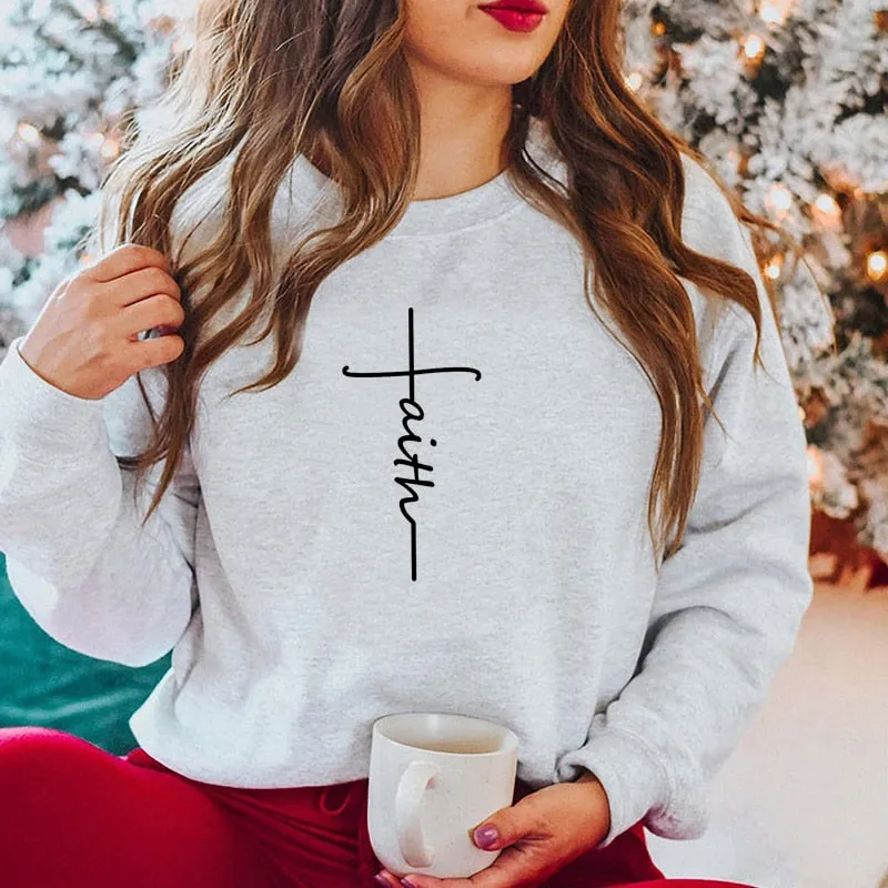 FAITH CROSS FASHION CREWNECK SWEATSHIRT WOMEN RELIGIOUS MOTIVATIONAL CLOTHES LADIES LONG SLEEVE WINTER HOODIES HARAJUKU TOPS