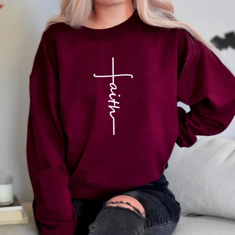 FAITH CROSS FASHION CREWNECK SWEATSHIRT WOMEN RELIGIOUS MOTIVATIONAL CLOTHES LADIES LONG SLEEVE WINTER HOODIES HARAJUKU TOPS