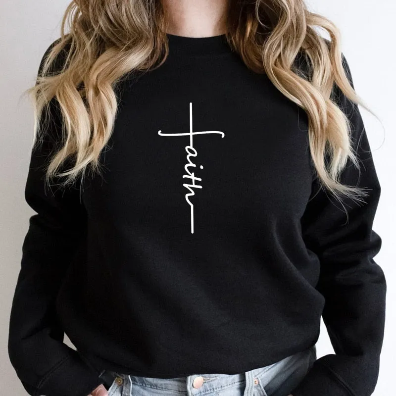 FAITH CROSS FASHION CREWNECK SWEATSHIRT WOMEN RELIGIOUS MOTIVATIONAL CLOTHES LADIES LONG SLEEVE WINTER HOODIES HARAJUKU TOPS