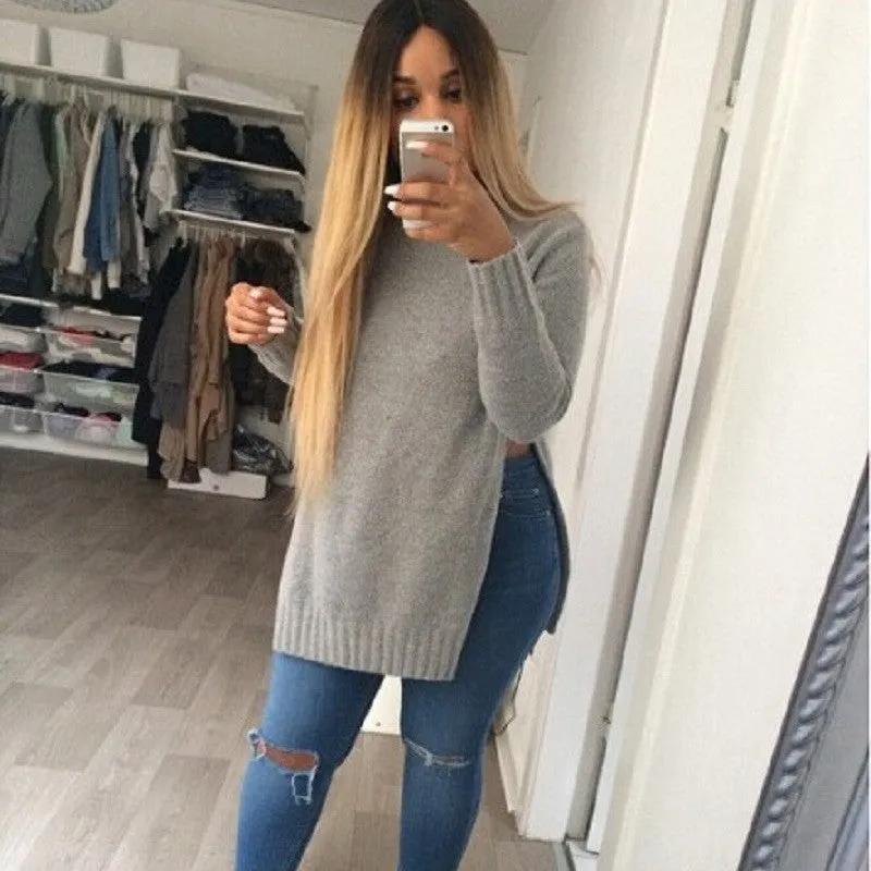 Fashion Lady Knitwear Women Casual Sweater Knitted Plus Size Split Pullover Sweater