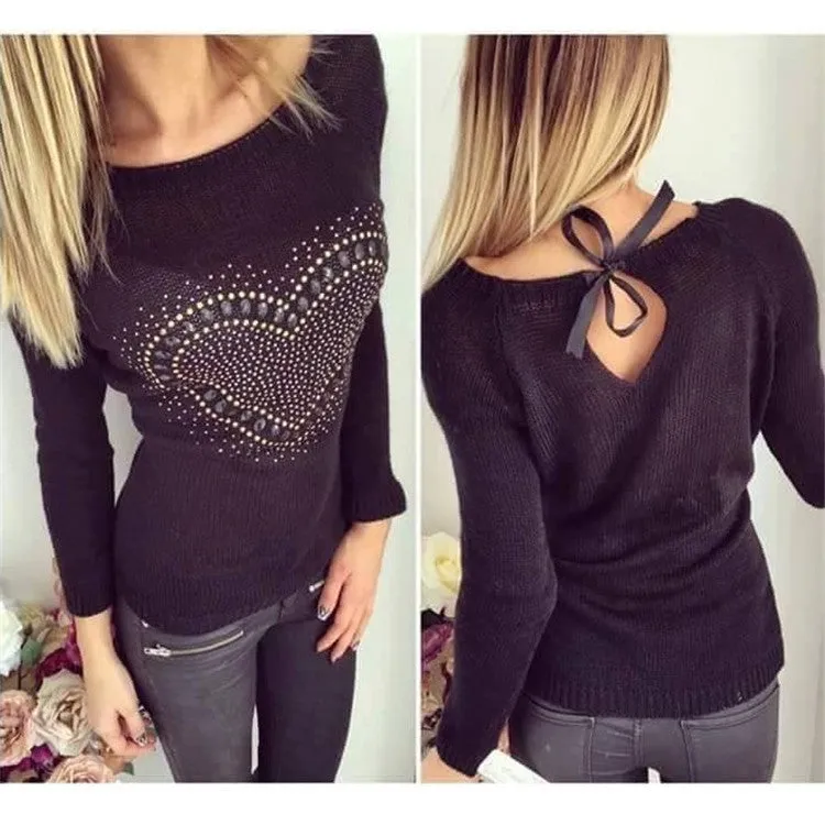 Fashion Women Knitted Sweater Longsleeve Heart Print Elastic Love Pattern Thin Casual Knitting Girl Fall Pullover Sweater