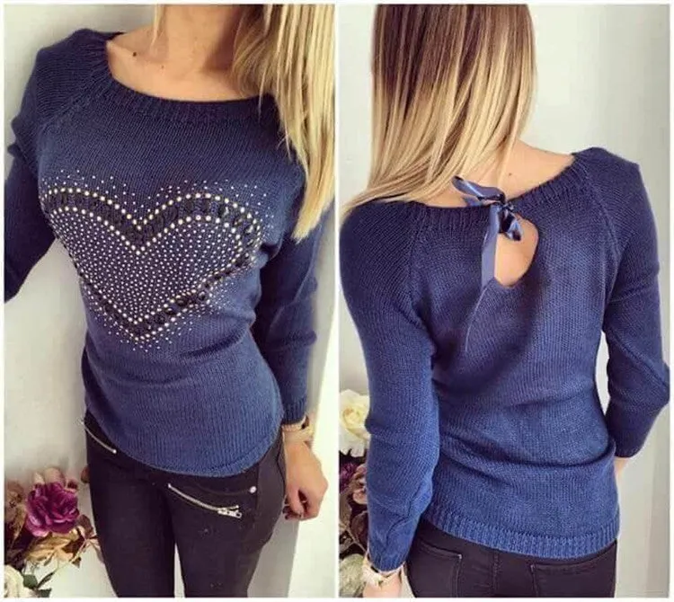 Fashion Women Knitted Sweater Longsleeve Heart Print Elastic Love Pattern Thin Casual Knitting Girl Fall Pullover Sweater