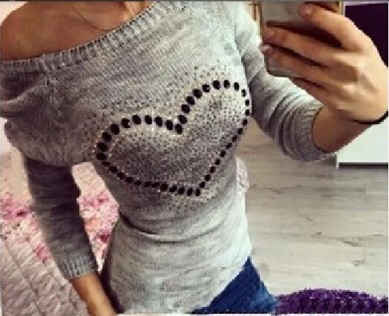 Fashion Women Knitted Sweater Longsleeve Heart Print Elastic Love Pattern Thin Casual Knitting Girl Fall Pullover Sweater