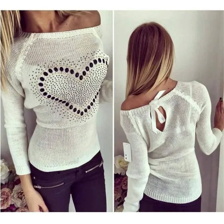 Fashion Women Knitted Sweater Longsleeve Heart Print Elastic Love Pattern Thin Casual Knitting Girl Fall Pullover Sweater