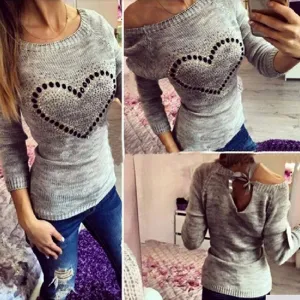 Fashion Women Knitted Sweater Longsleeve Heart Print Elastic Love Pattern Thin Casual Knitting Girl Fall Pullover Sweater