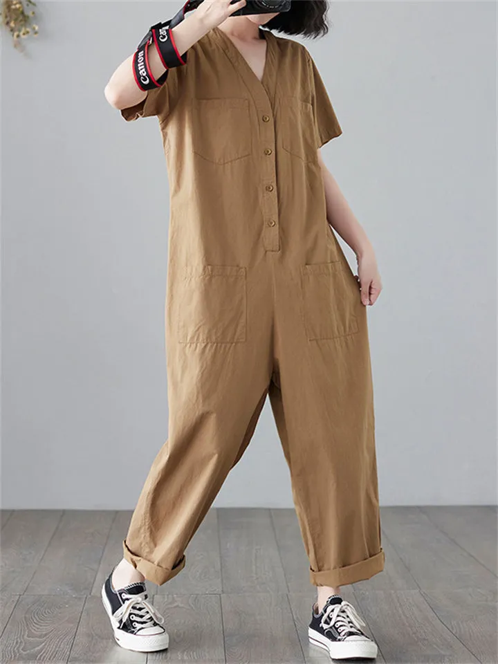 Female Leisure V Neck Multi-Pocket Hard-Wearing Overalls
