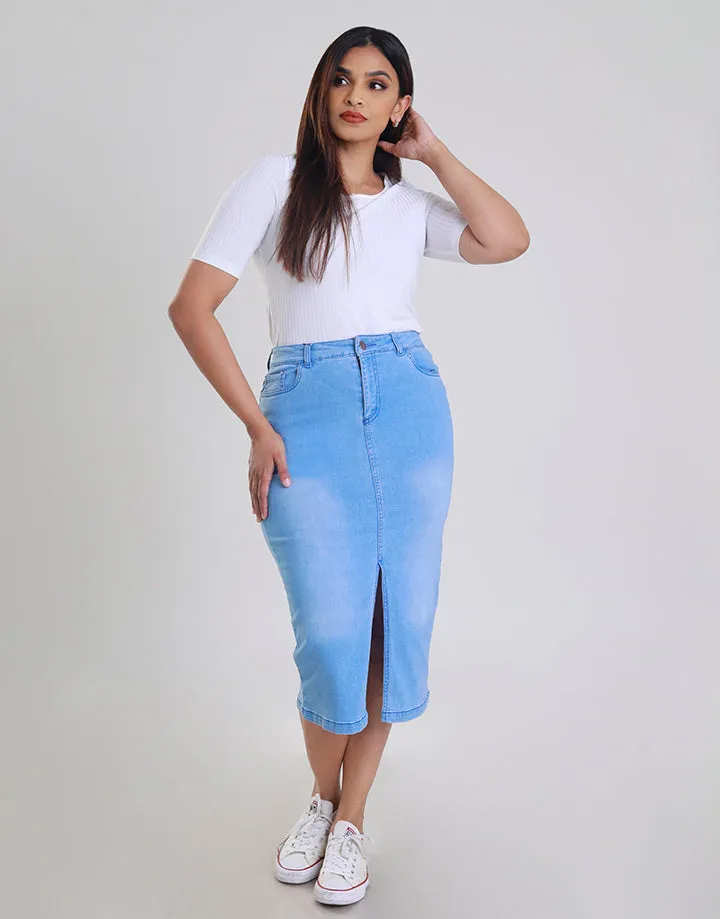 Front Slit Denim Midi Skirt