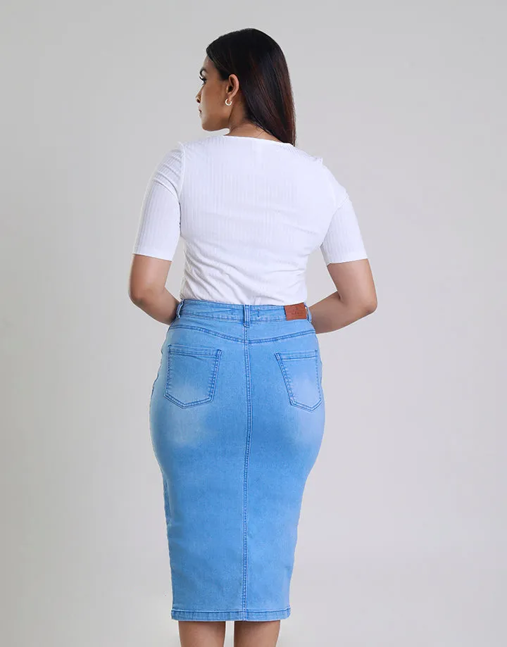 Front Slit Denim Midi Skirt