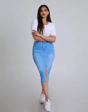 Front Slit Denim Midi Skirt