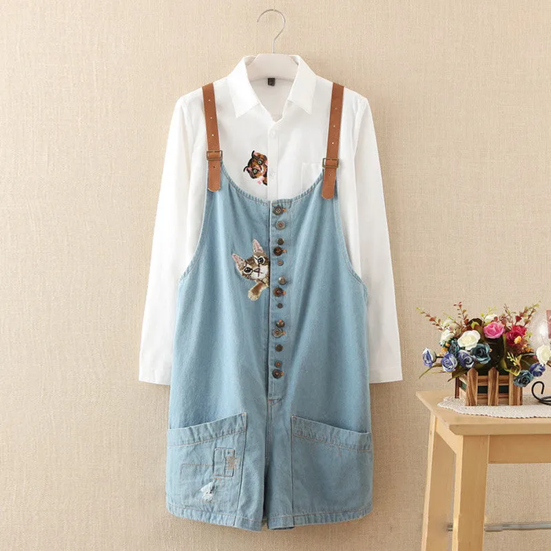 funny female cats embroidery pattern denim jeans overalls women suspenders wide leg Bib boots short jumpsuit