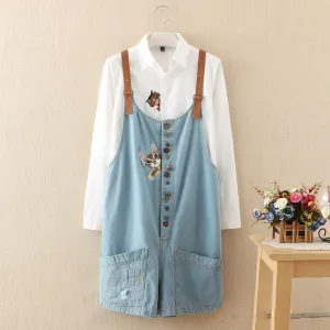 funny female cats embroidery pattern denim jeans overalls women suspenders wide leg Bib boots short jumpsuit