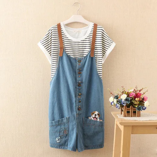funny female cats embroidery pattern denim jeans overalls women suspenders wide leg Bib boots short jumpsuit
