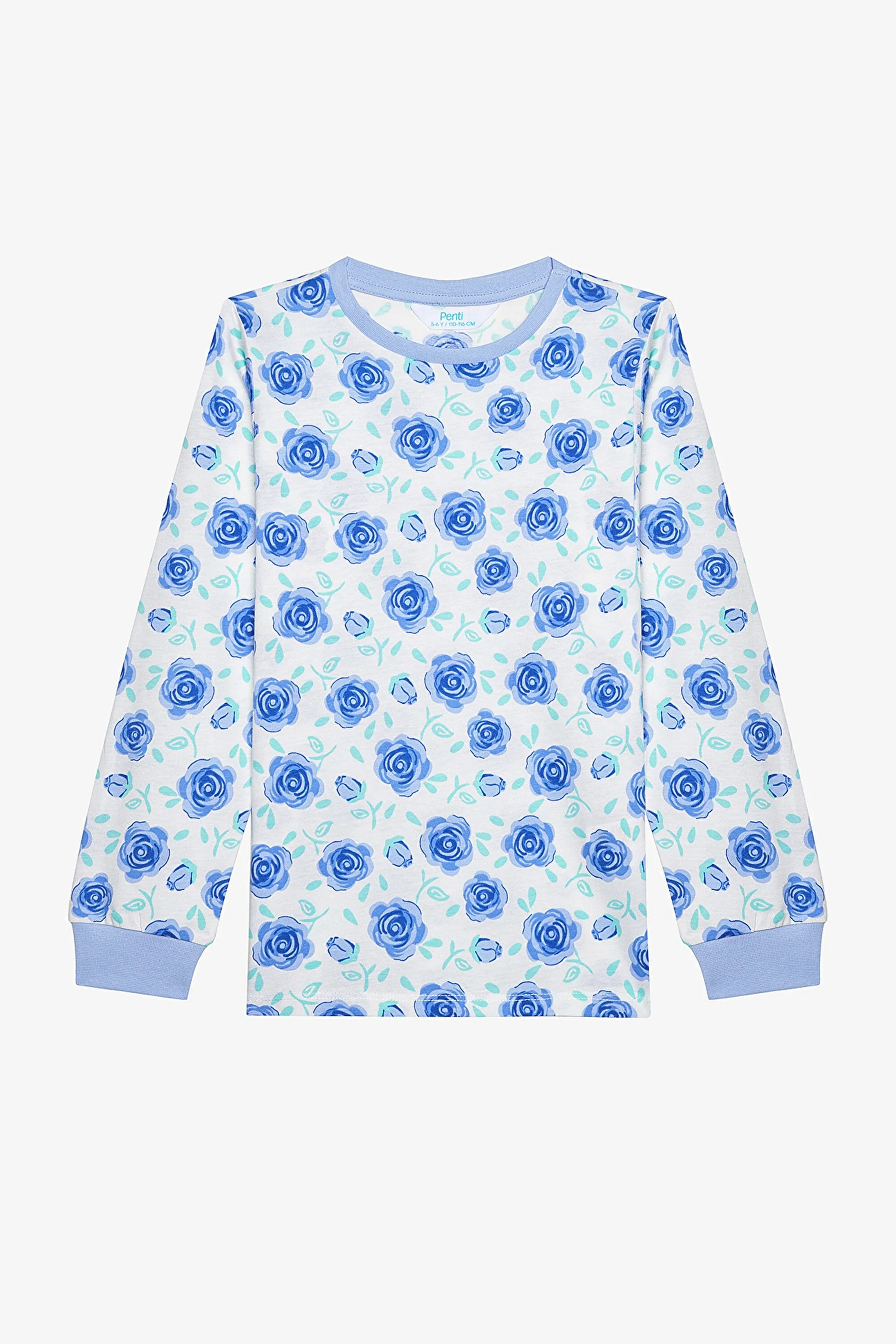 Girls Blue Roses 2-Piece Multicolored Pajama Set