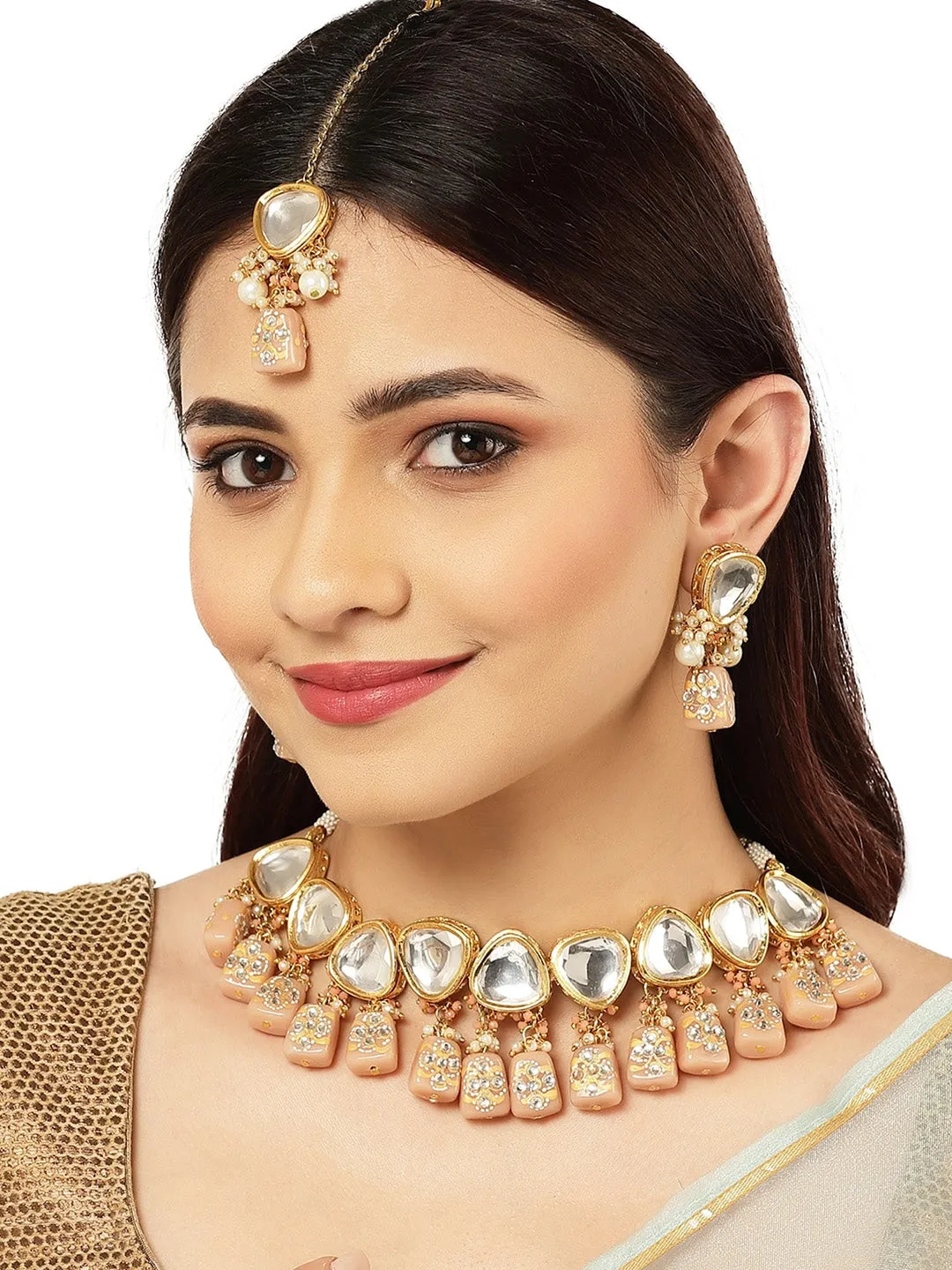 Gold-Plated Pink Studded Kundan Polki Jewellery set