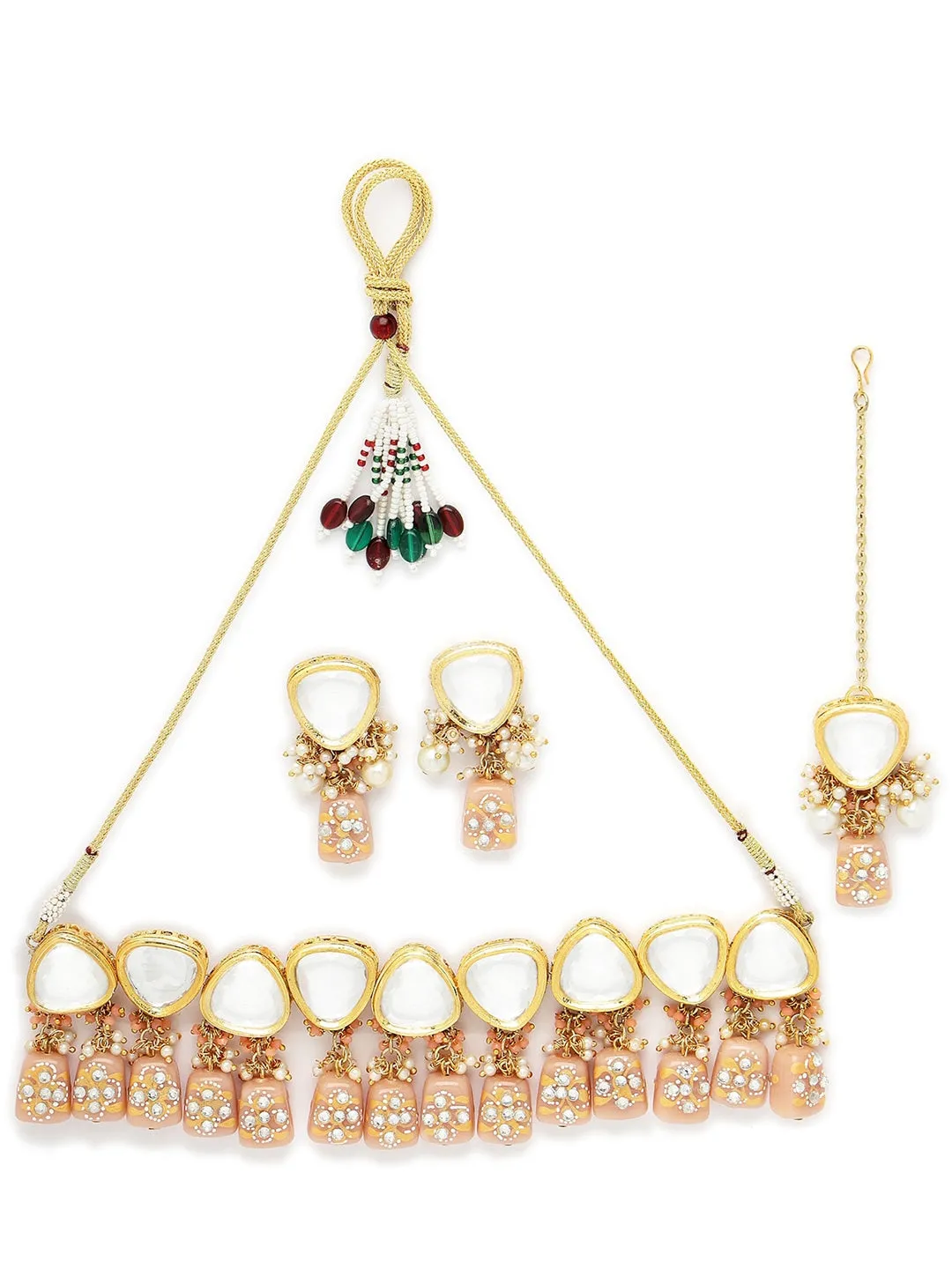 Gold-Plated Pink Studded Kundan Polki Jewellery set