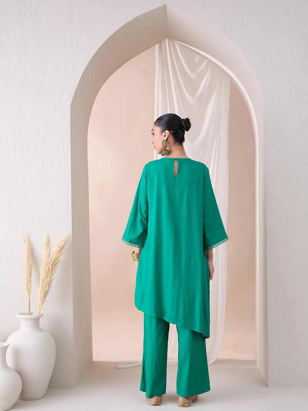 Green Asymmetrical Viscose Tunic With Straight Pant
