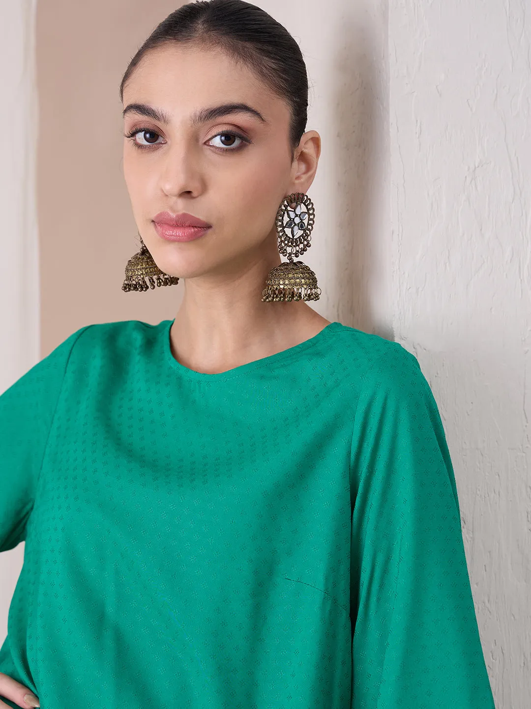 Green Asymmetrical Viscose Tunic With Straight Pant