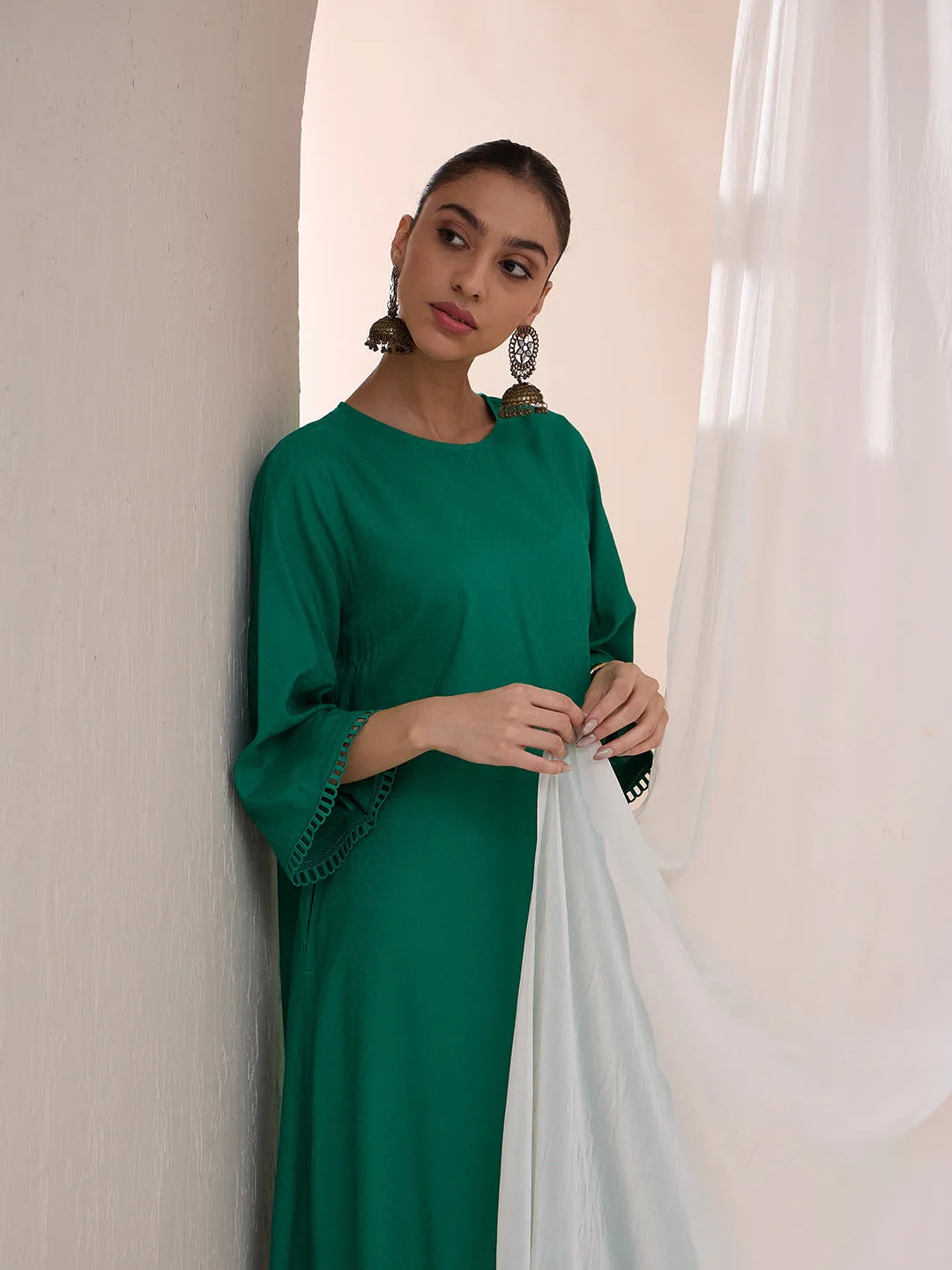 Green Asymmetrical Viscose Tunic With Straight Pant