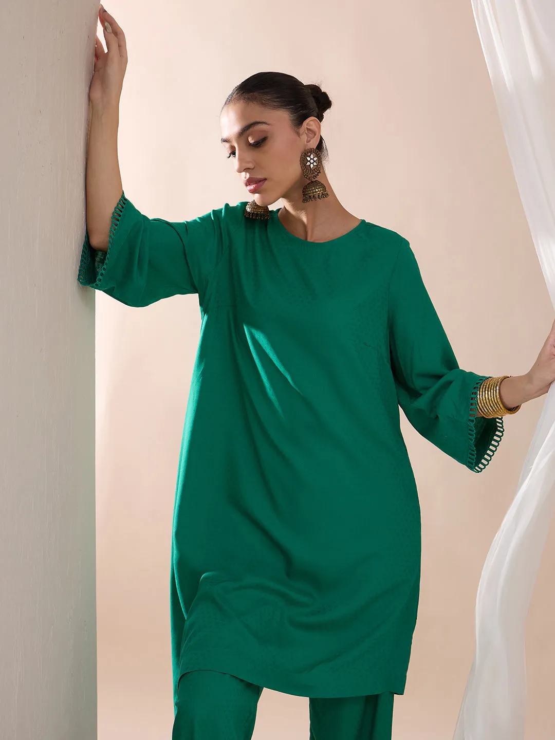 Green Asymmetrical Viscose Tunic With Straight Pant