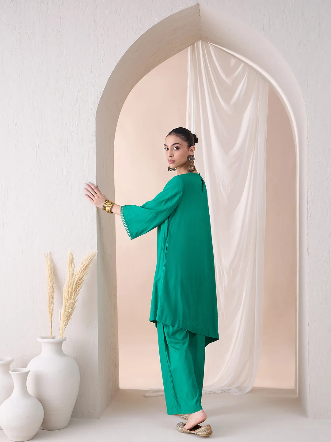 Green Asymmetrical Viscose Tunic With Straight Pant