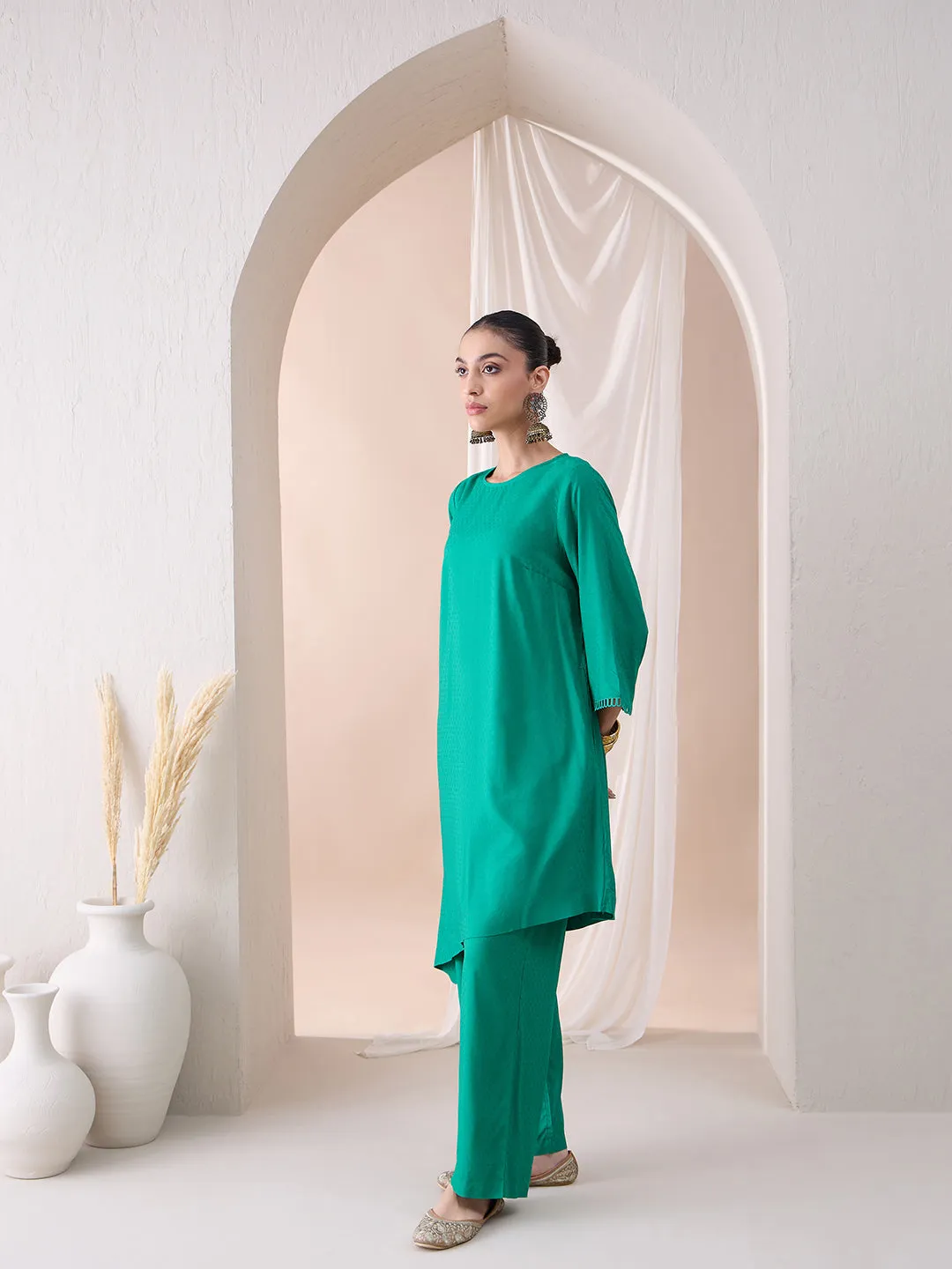 Green Asymmetrical Viscose Tunic With Straight Pant