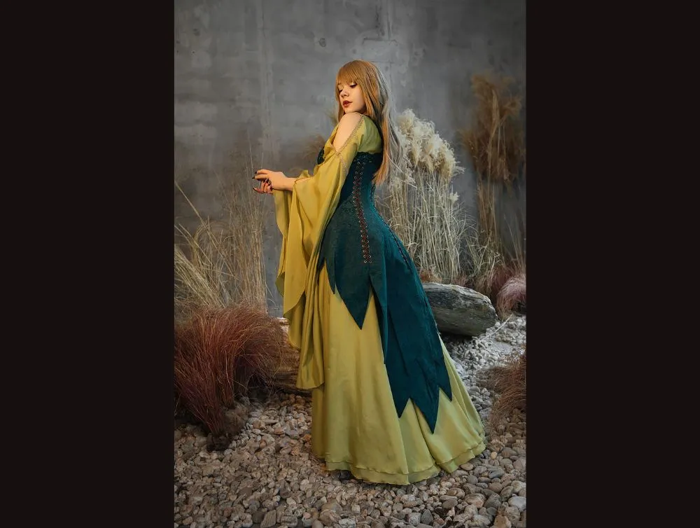 Green elvish fantasy dress with jacquard corset