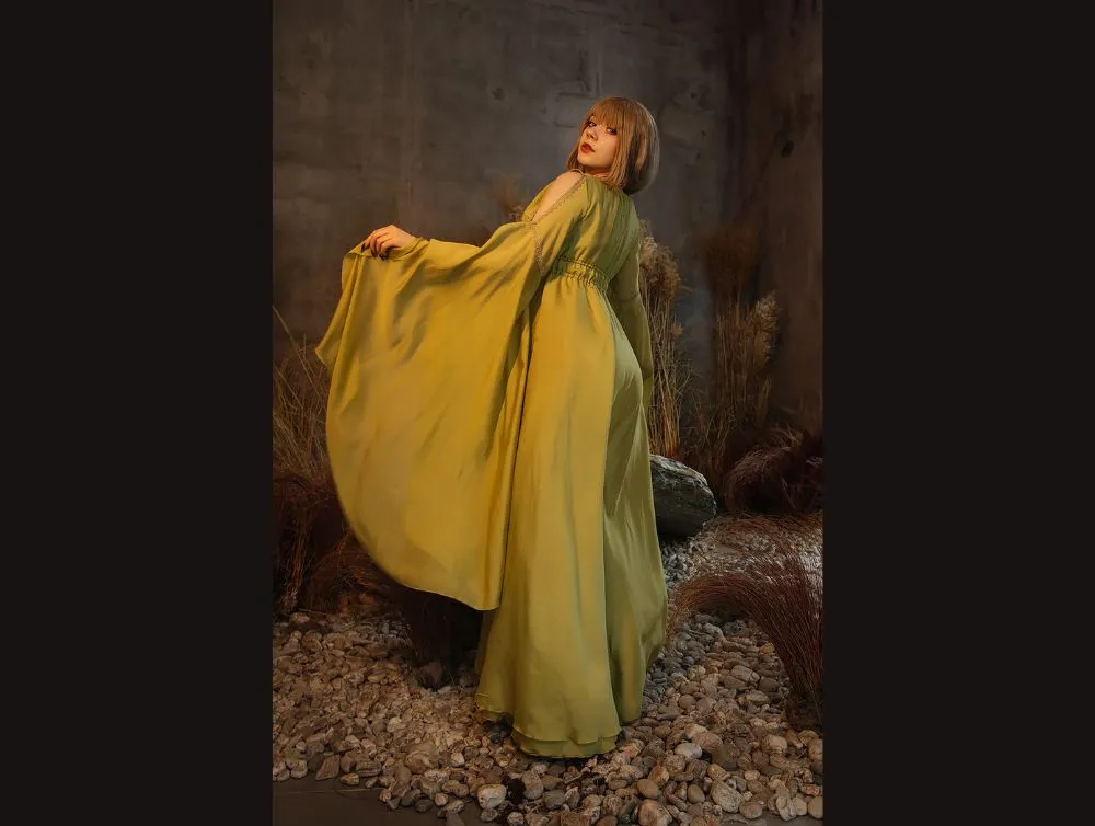 Green elvish fantasy dress with jacquard corset