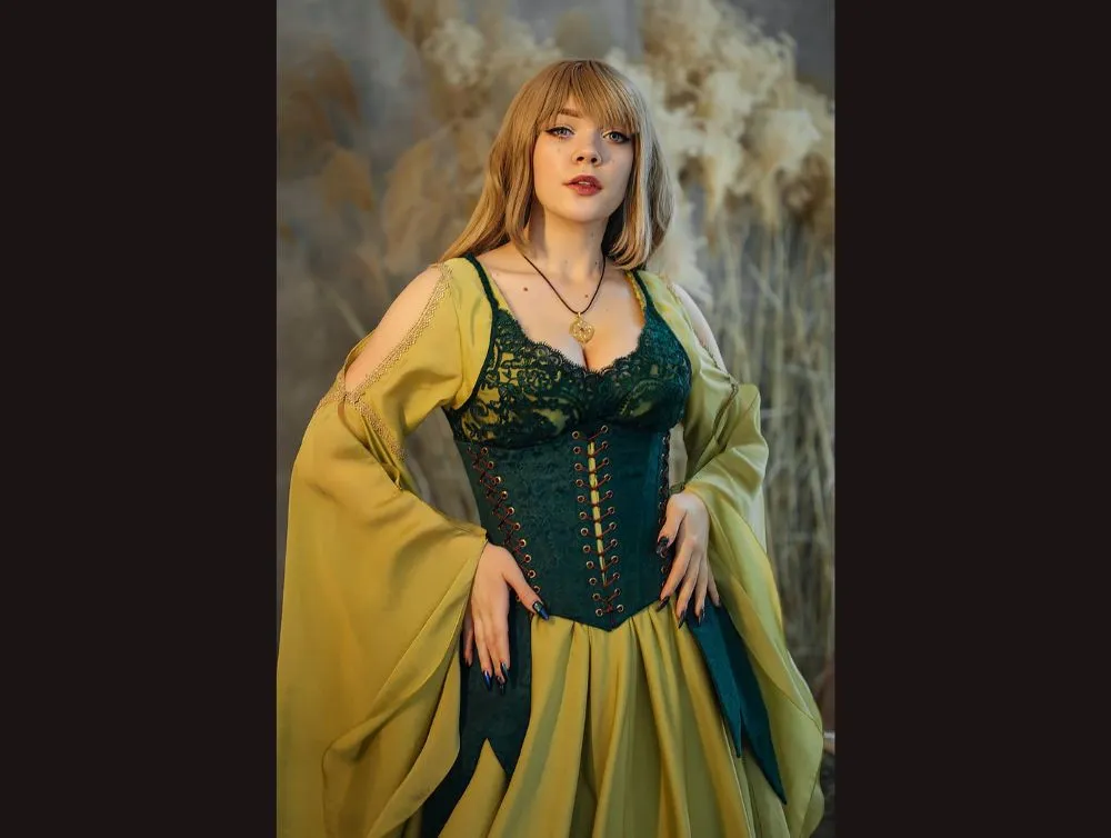 Green elvish fantasy dress with jacquard corset