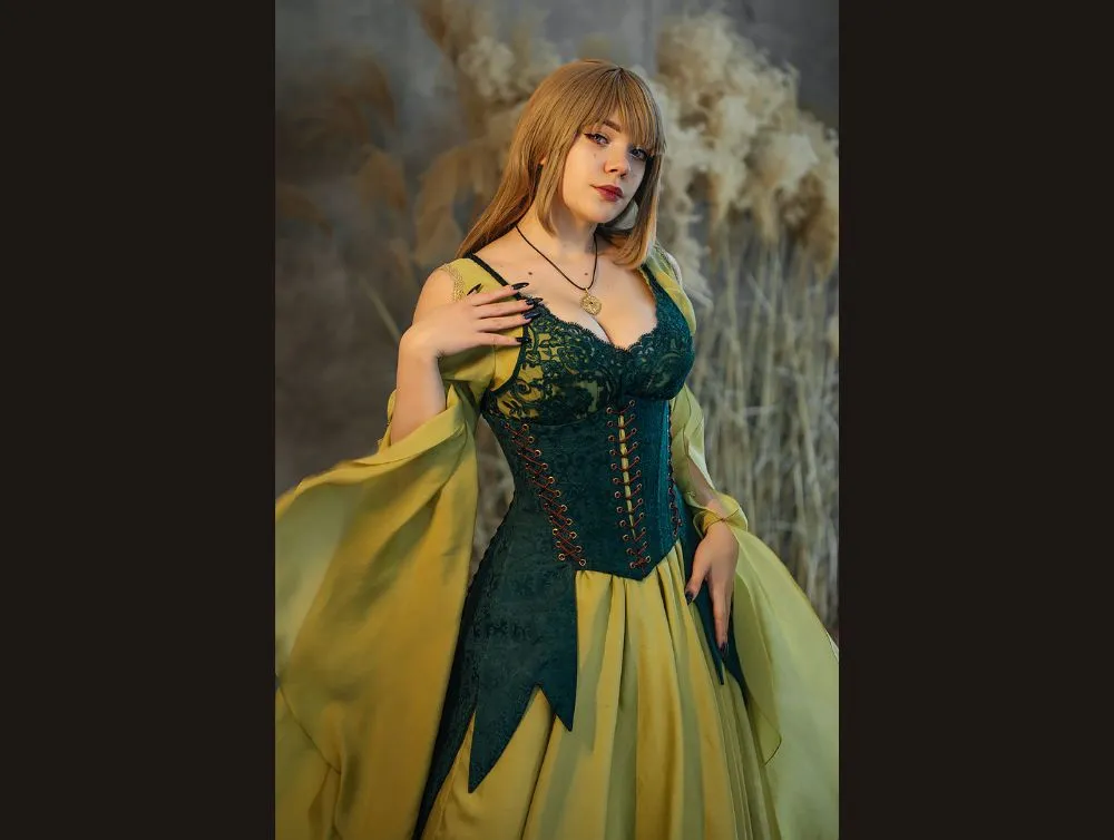 Green elvish fantasy dress with jacquard corset