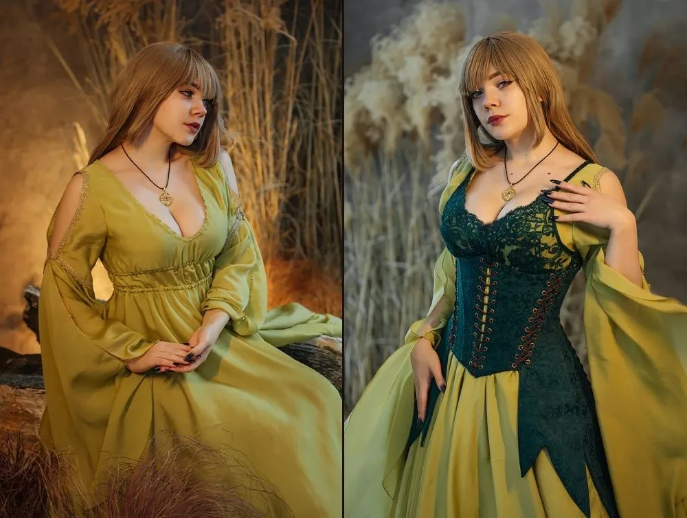 Green elvish fantasy dress with jacquard corset