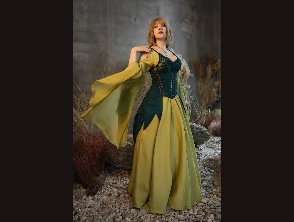 Green elvish fantasy dress with jacquard corset