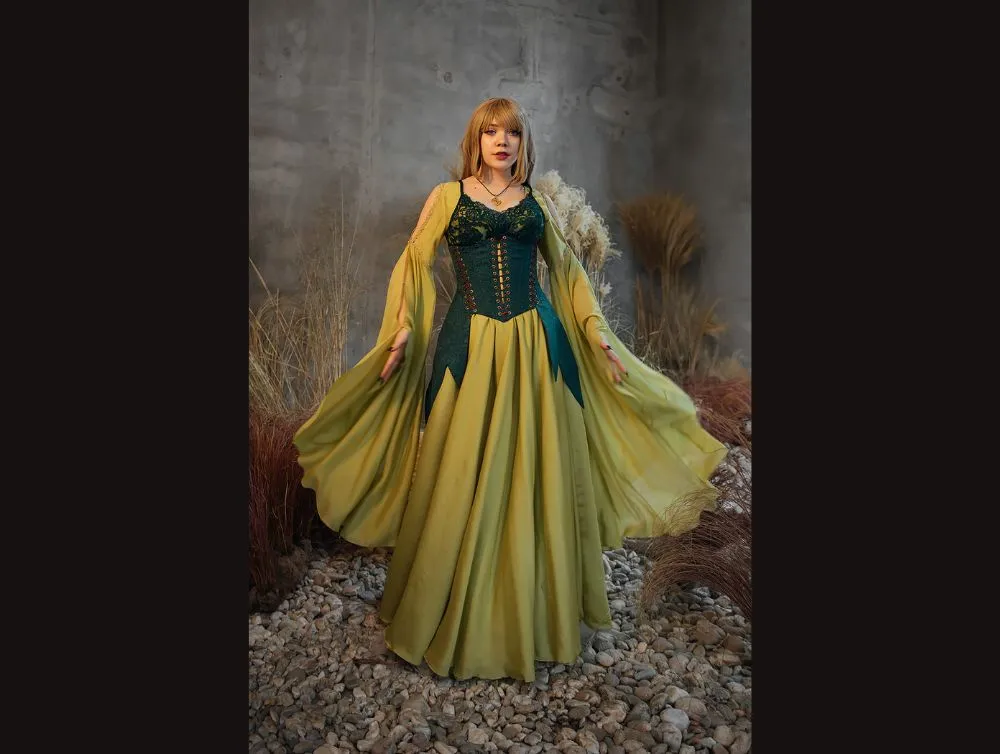 Green elvish fantasy dress with jacquard corset