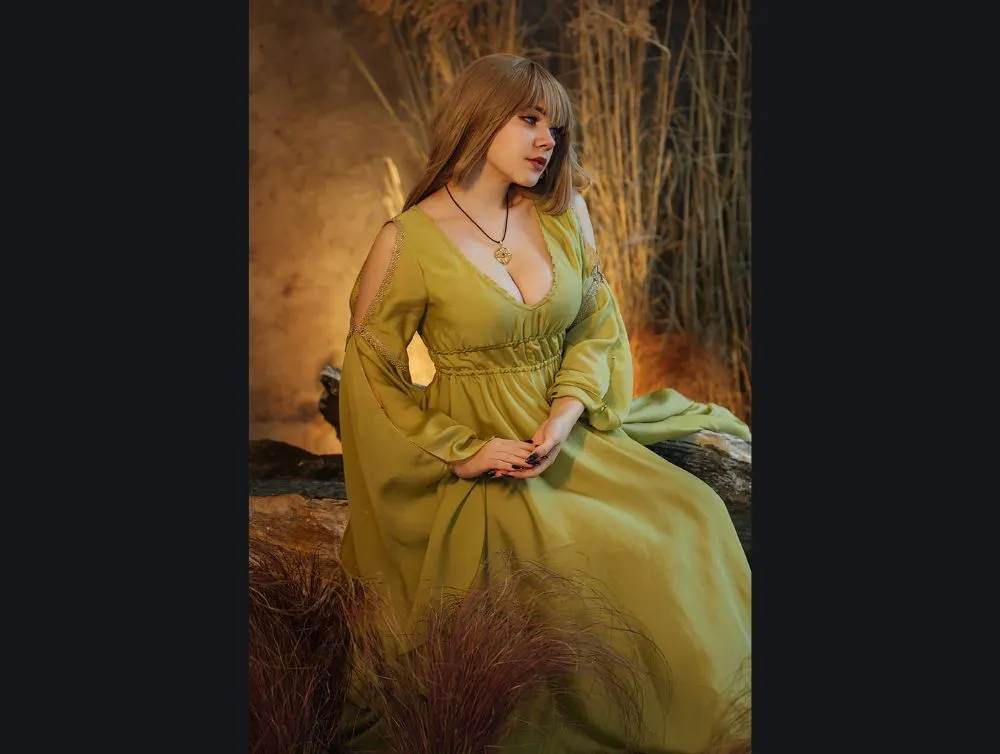 Green elvish fantasy dress with jacquard corset