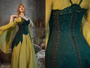 Green elvish fantasy dress with jacquard corset