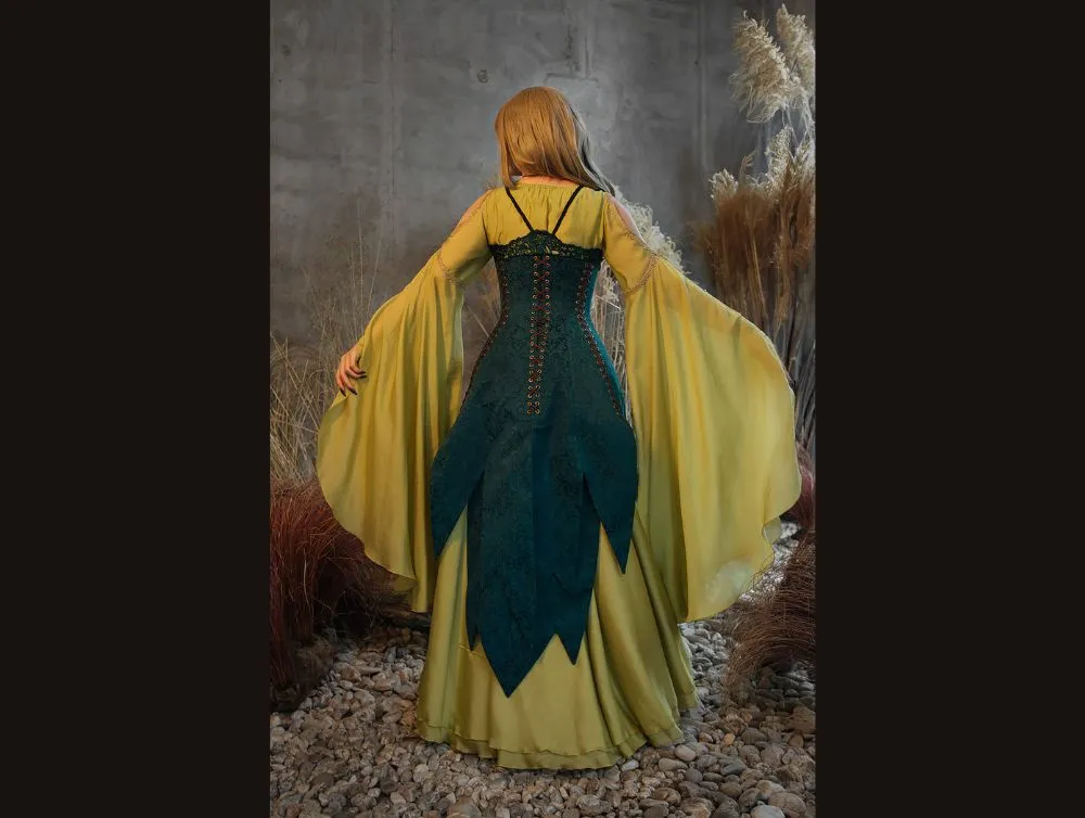 Green elvish fantasy dress with jacquard corset