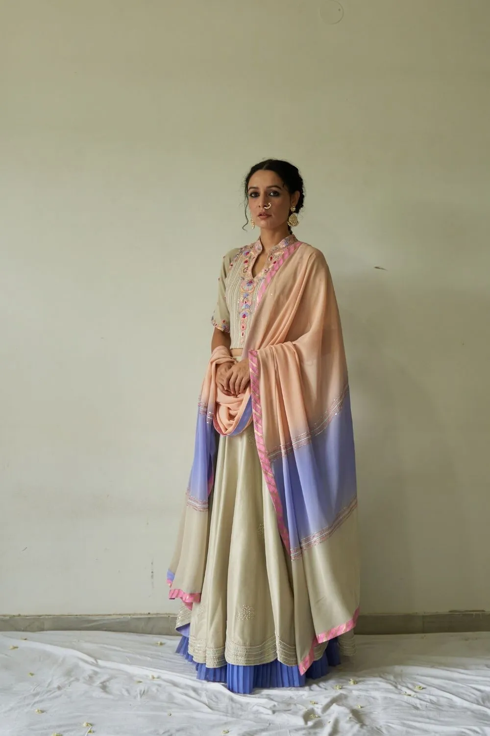 Grey floral sequence choli, lehenga and dupatta set