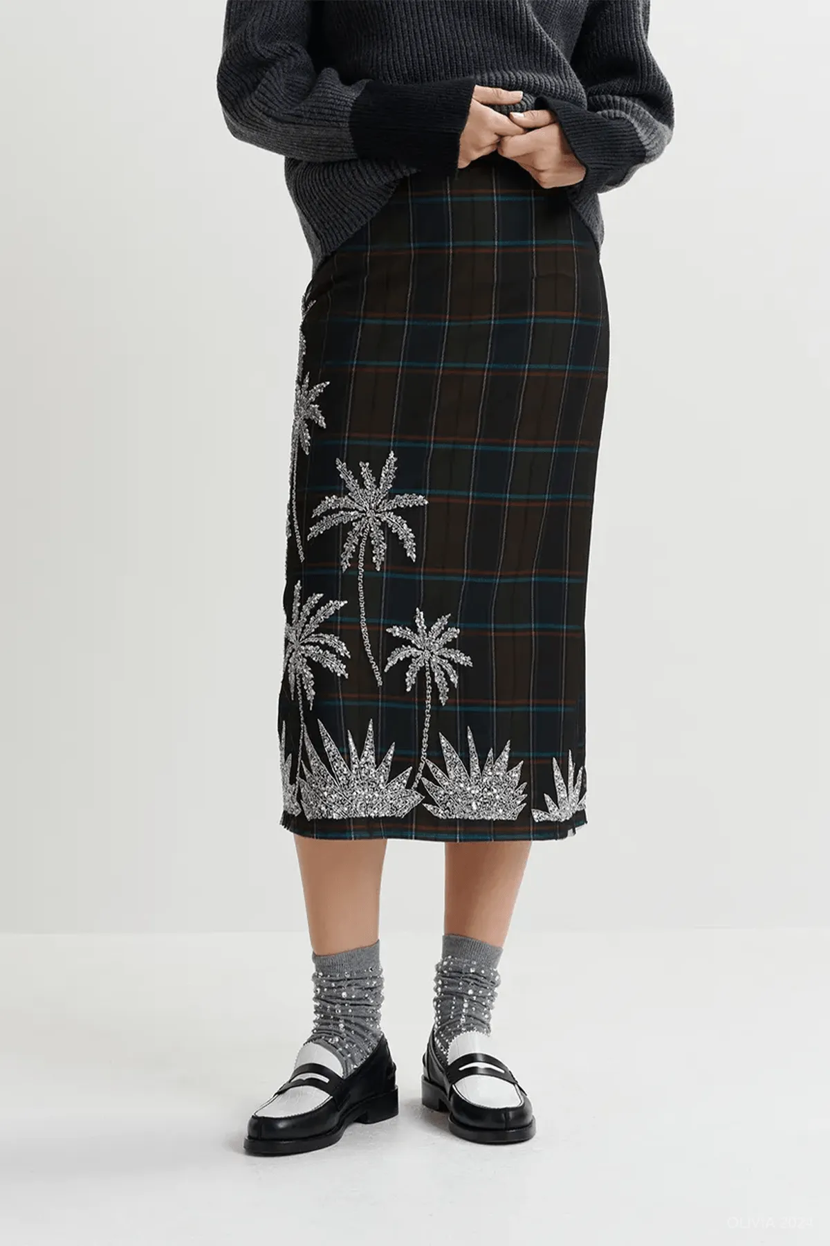 Greyhound Mesh Midi Skirt in Khaki Blue