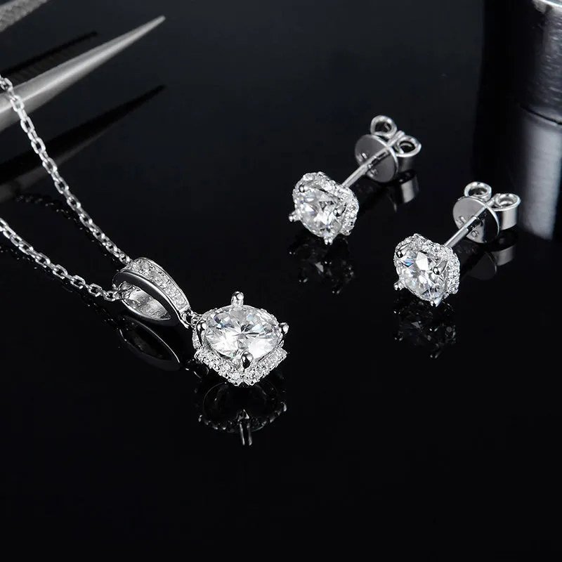 Halo Round 2ctw. Moissanite Stud Earrings and 2ct Moissanite Pendant Necklace Jewelry Sets