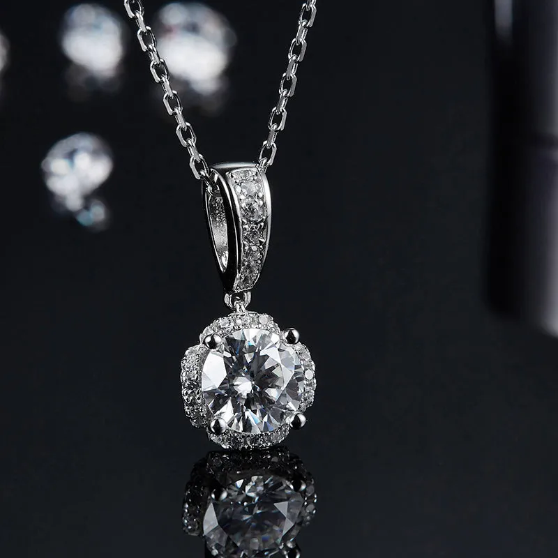 Halo Round 2ctw. Moissanite Stud Earrings and 2ct Moissanite Pendant Necklace Jewelry Sets