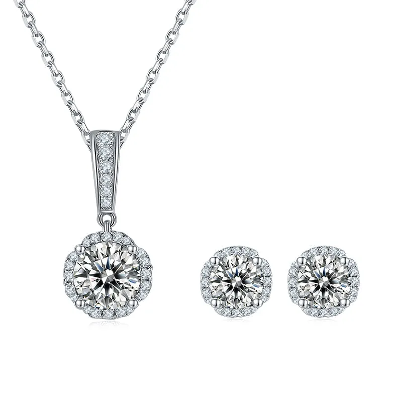 Halo Round 2ctw. Moissanite Stud Earrings and 2ct Moissanite Pendant Necklace Jewelry Sets