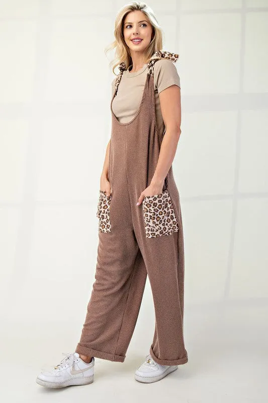 Hazel Blues® |  Celeste Ribbed Leopard Tied Shoulder Overalls
