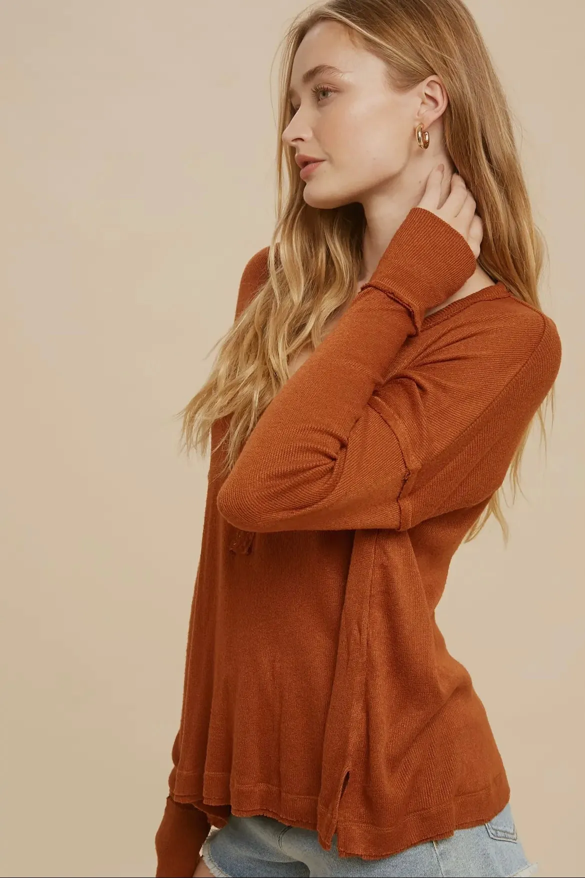 Henley Snap Top- Camel