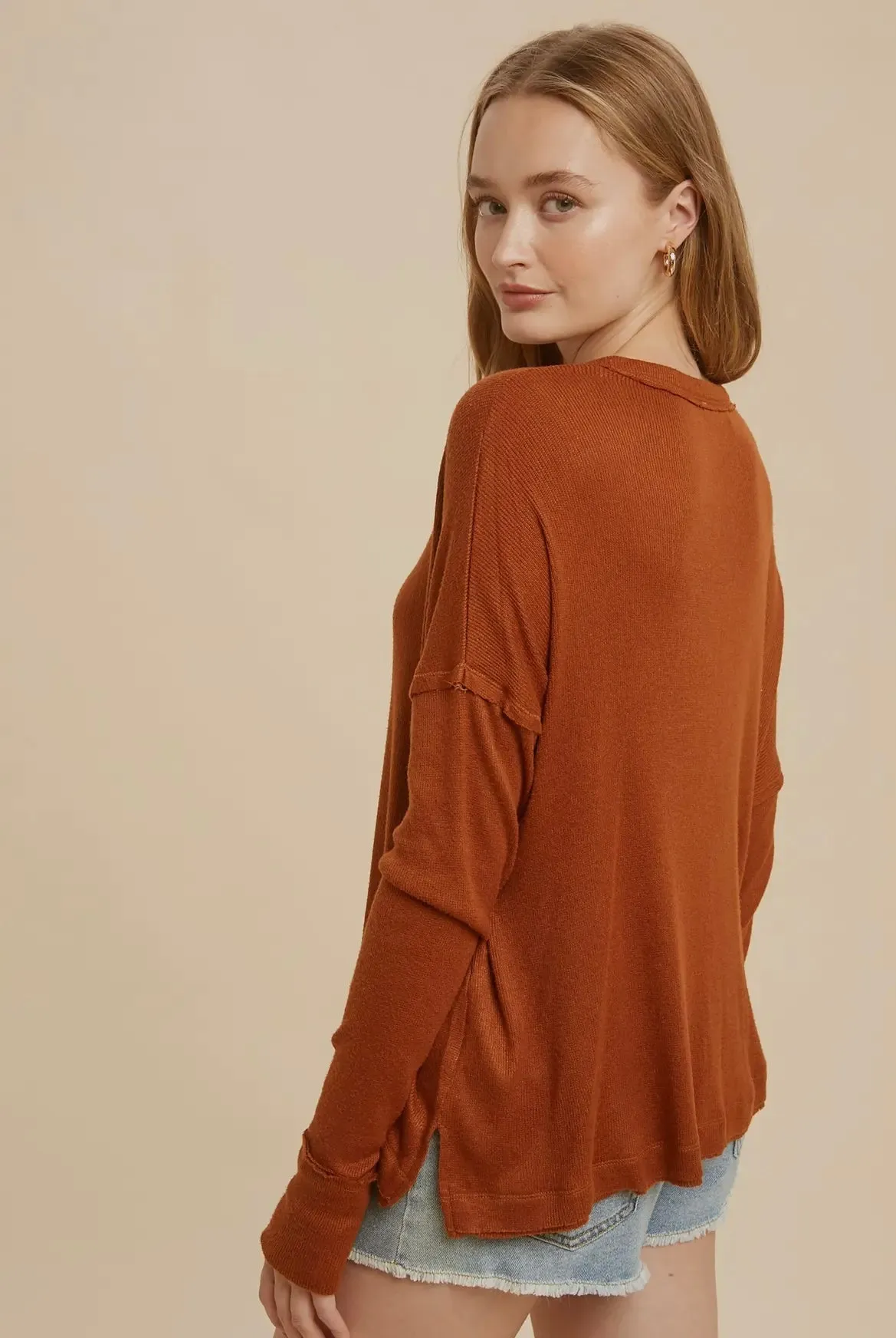 Henley Snap Top- Camel